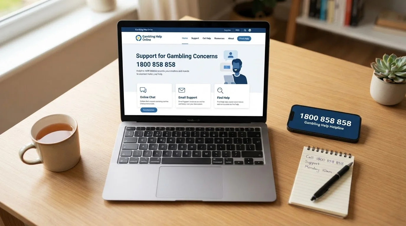 Gambling Help Online website on a screen beside a phone showing the helpline number 1800 858 858