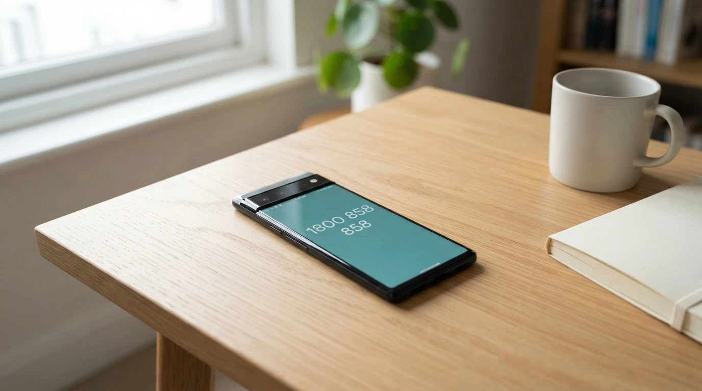A smartphone screen displaying the number 1800 858 858 against a calm, supportive teal background with the Gambling Help Online logo