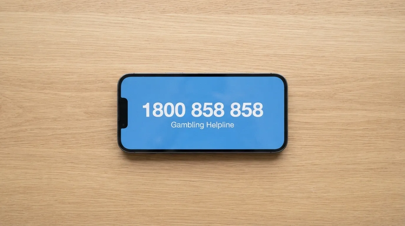 A smartphone displaying the National Gambling Helpline 1800 858 858 on screen