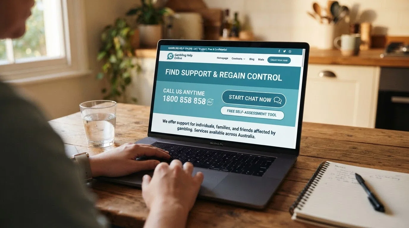The Gambling Help Online homepage on a laptop screen, with the 1800 858 858 helpline number, online chat button and self-assessment link prominently displayed.