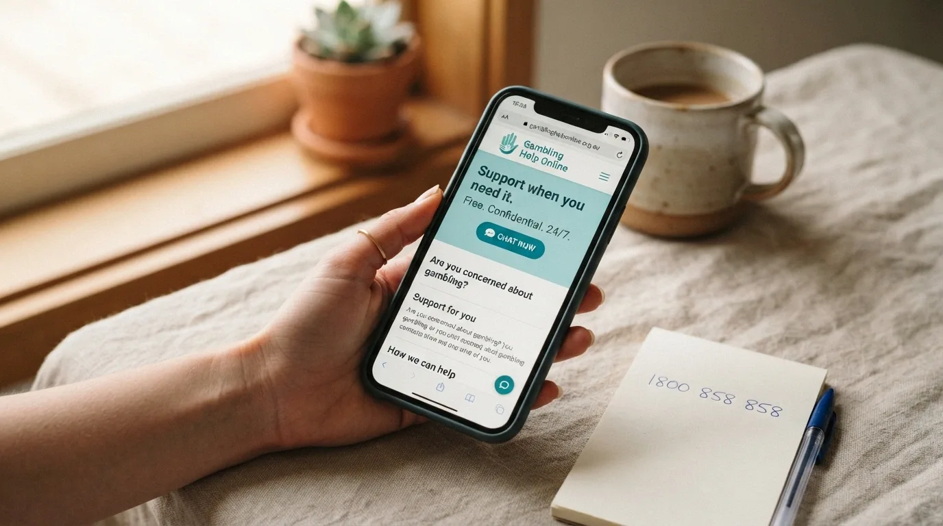 A hand holding a smartphone showing the Gambling Help Online homepage beside a notepad with the 1800 858 858 number handwritten, in a calm home setting
