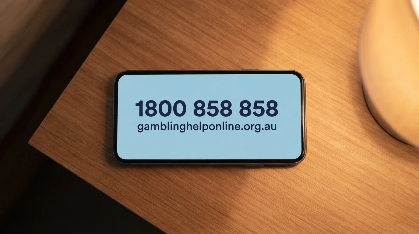 A mobile phone screen displaying the National Gambling Helpline number 1800 858 858 with the Gambling Help Online website address beneath it