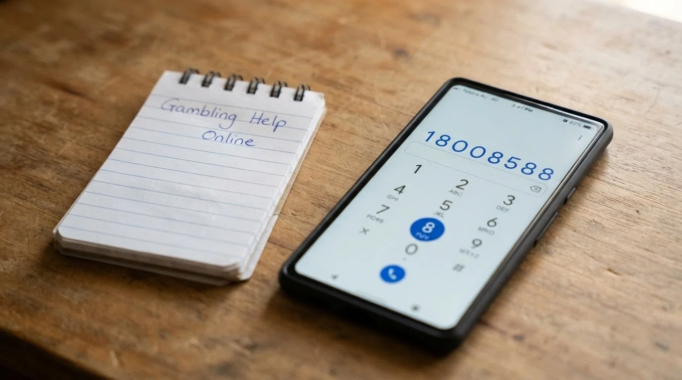 A close-up of a phone keypad with 1800 858 858 partially dialled, resting on a notepad with “Gambling Help Online” written on it, in warm natural light