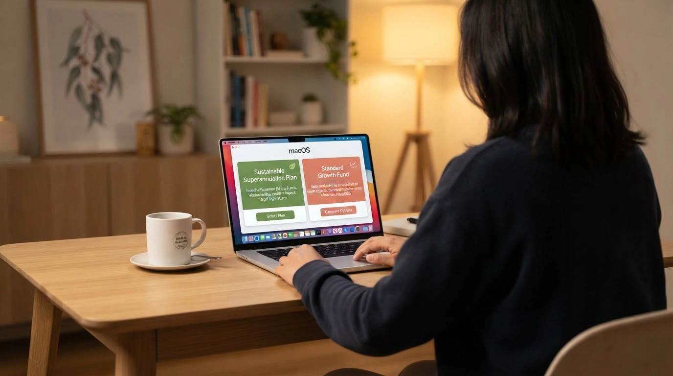 A person at a desk with a laptop, a cup of coffee and a notepad, looking at a screen displaying a decision between two options