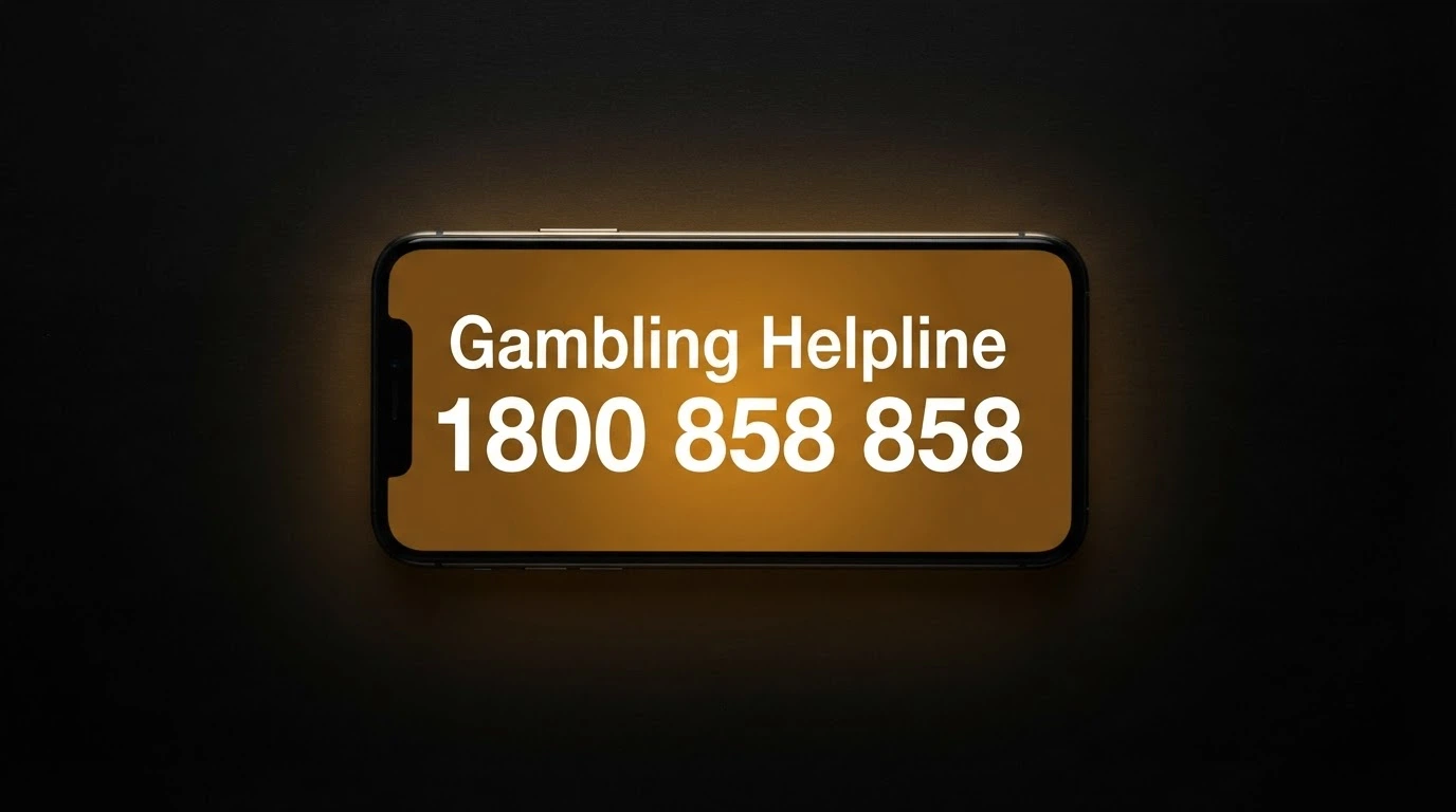A smartphone displaying the National Gambling Helpline number 1800 858 858 on screen against a dark background