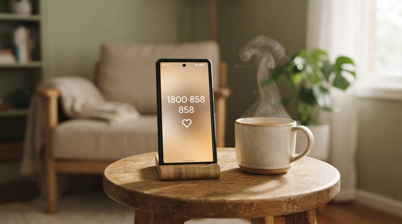 The 1800 858 858 National Gambling Helpline number displayed on a phone screen, resting next to a cup of tea