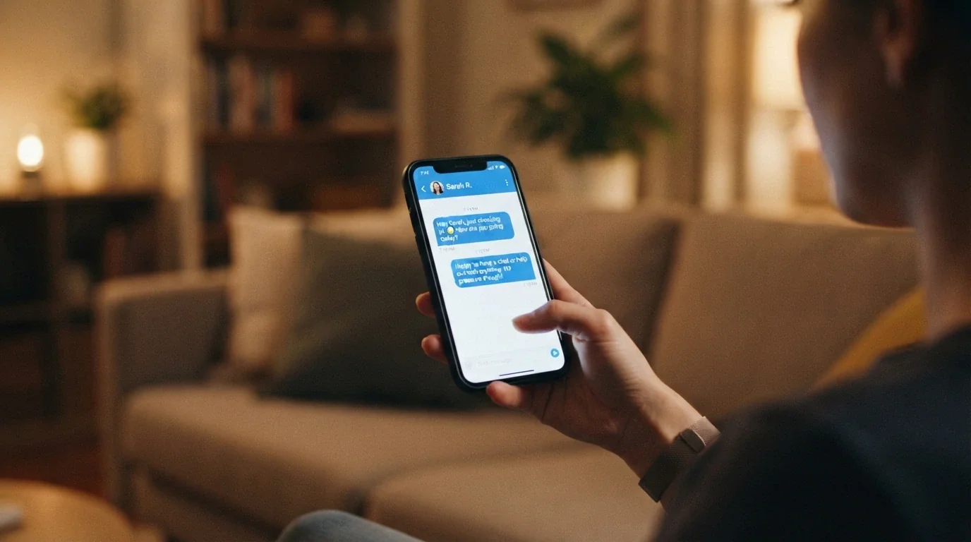 Gambling Help Online live-chat window open on a smartphone, with a supportive message visible