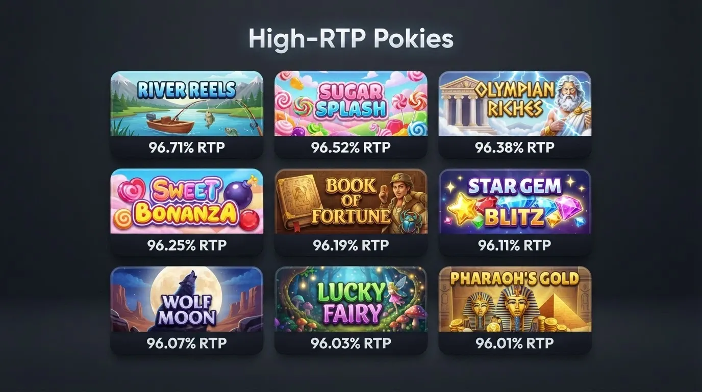 A grid of popular online pokies tiles including Big Bass Bonanza, Sweet Bonanza and Gates of Olympus with their RTP percentages overlaid