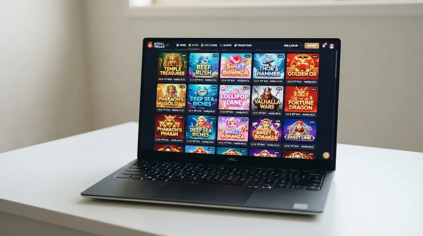 A grid of online pokie title cards — Gates of Olympus, Blood Suckers, Big Bass Splash and Sweet Bonanza — arranged on a casino lobby screen