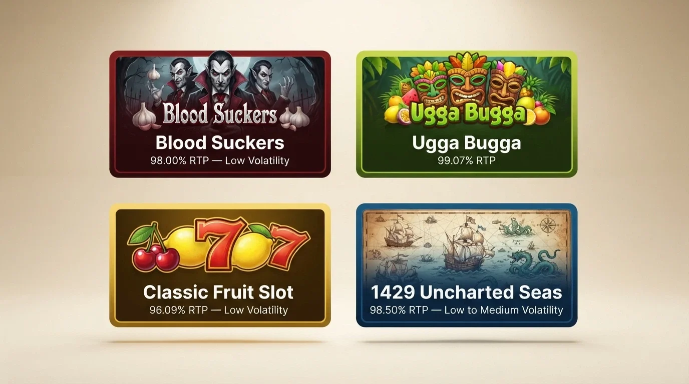 A grid of four pokies title cards — Blood Suckers, Book of 99, Starburst and 1429 Uncharted Seas — with their RTP percentages displayed beneath each title