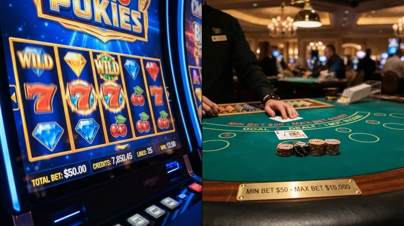 A split frame showing a vibrant pokie screen with a high bet-per-spin amount on the left and a live-dealer blackjack table with a A$10,000 hand-limit plaque on the right