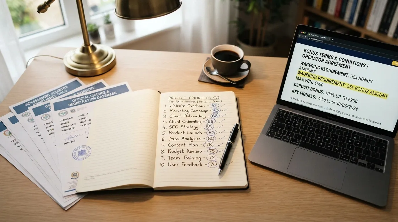 An organised desk with a notebook showing a ranked list, several casino licence-register printouts, and a screen displaying bonus terms with key figures highlighted