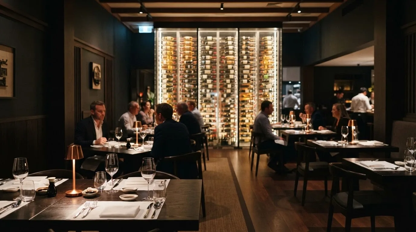 The interior of Huami restaurant at SkyCity Adelaide, showing the 1200-bottle wine wall and intimate dining room