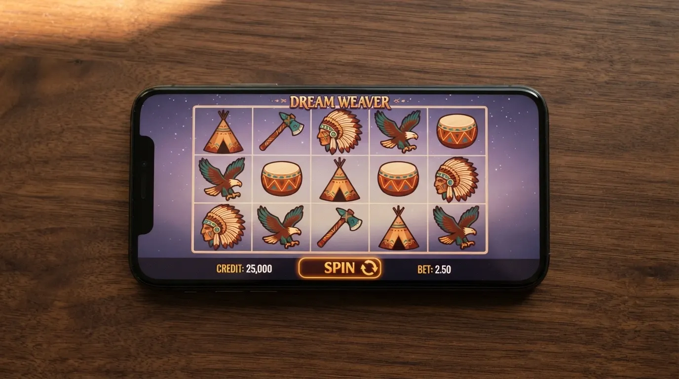 The Indian Dreaming game screen on a mobile phone held in landscape, showing the 5-reel 243-ways layout with the dreamtime-themed symbols visible