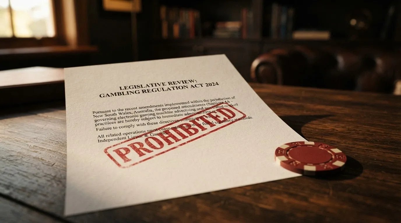 A document-style graphic showing the Interactive Gambling Act 2001 with a red prohibited stamp over an online casino symbol