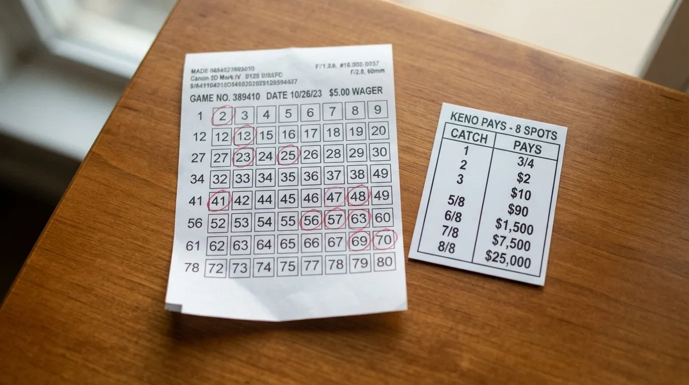 A close-up of a completed keno ticket with marked spots and the corresponding paytable beside it