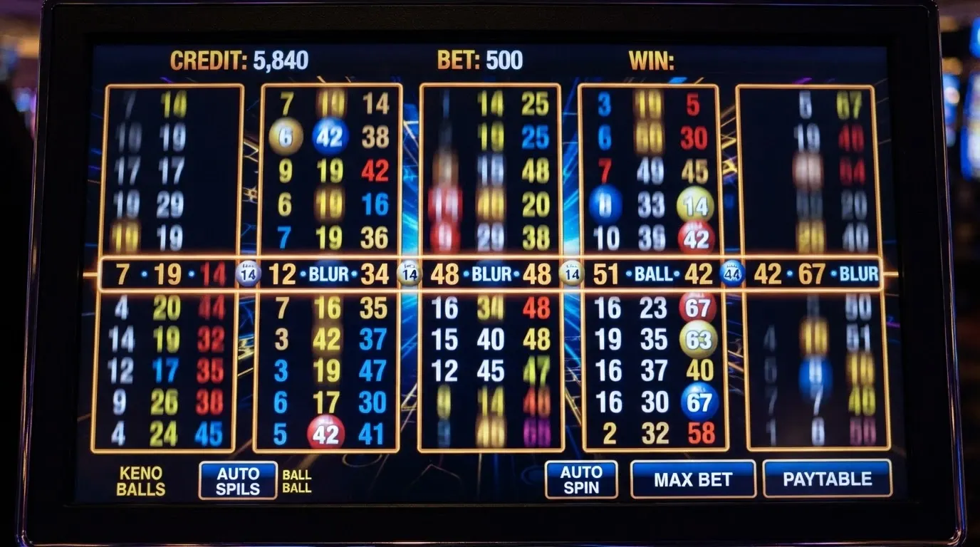 A keno-themed slot machine screen with spinning reels and keno-style number graphics