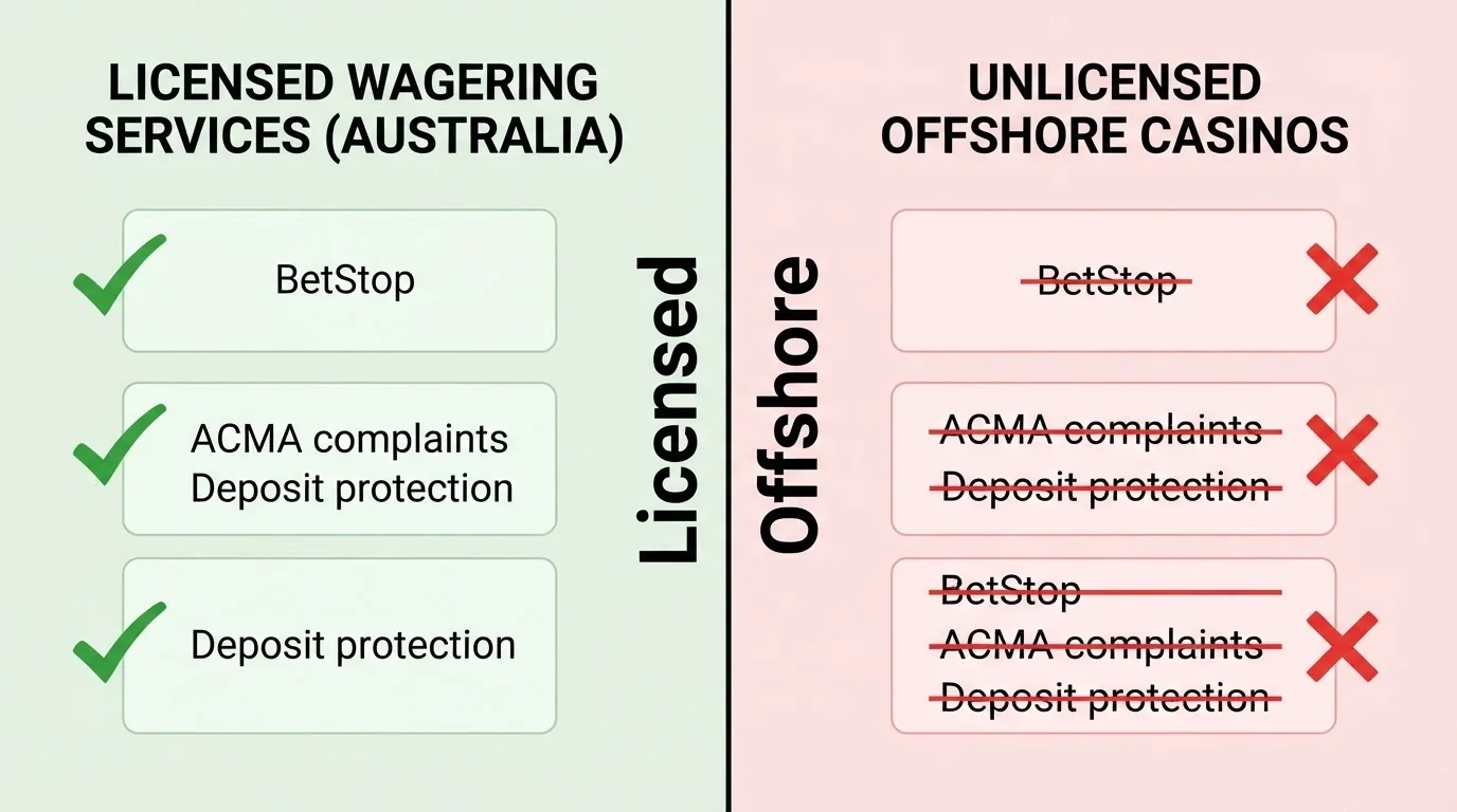A split visual: left side showing licensed Australian wagering logos with checkmarks for consumer protection, right side showing offshore casino names with crosses for BetStop, ACMA complaints and deposit protection