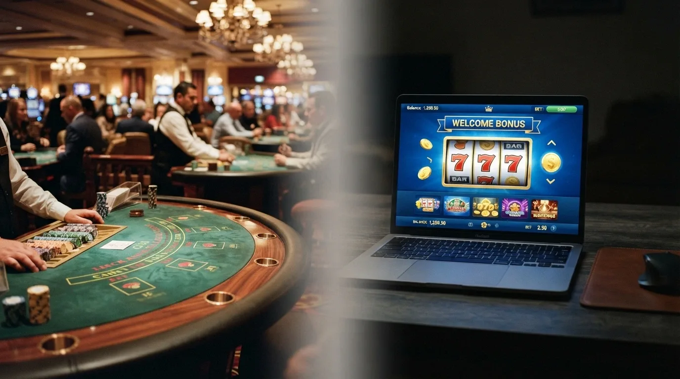 A split visual: the Star Brisbane gaming floor on one side, an offshore casino website on a laptop screen on the other