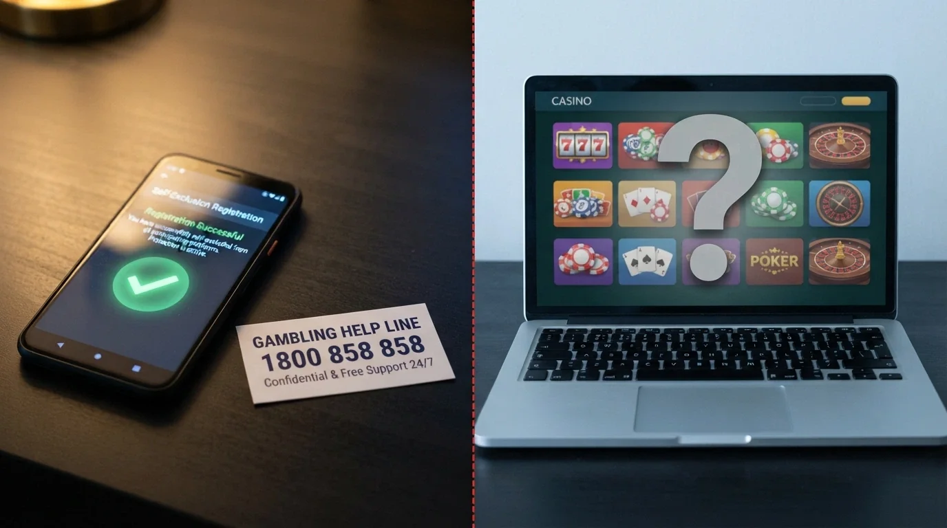 A split-frame visual: one side showing the Australian licensed protections (BetStop logo, ACMA badge, helpline number), the other side showing an empty offshore frame with a question mark