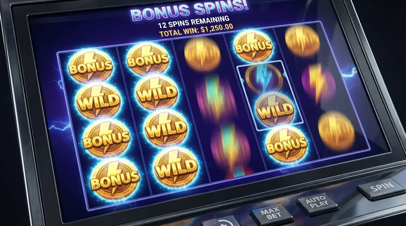 The Lightning Link pokies game screen during an active Hold & Spin bonus round with lightning symbols locked on the reels