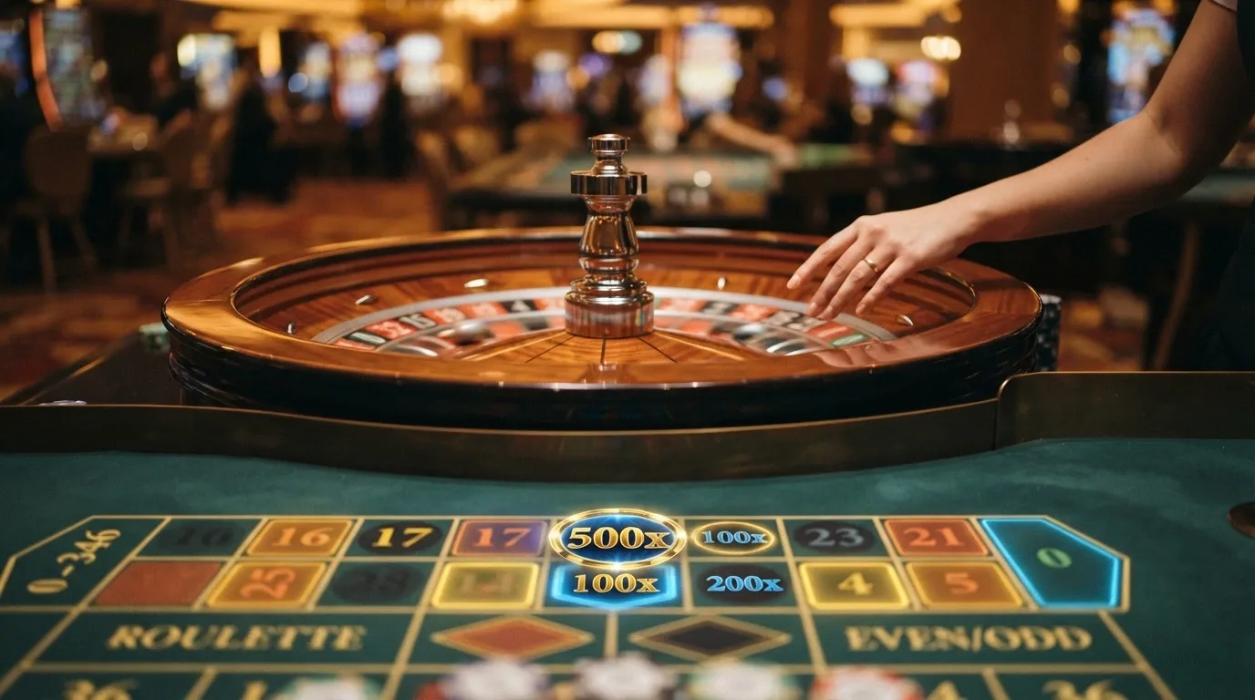 A close-up of a Lightning Roulette wheel with the lucky-number multipliers overlaid on the betting grid, the dealer's hand poised above the wheel