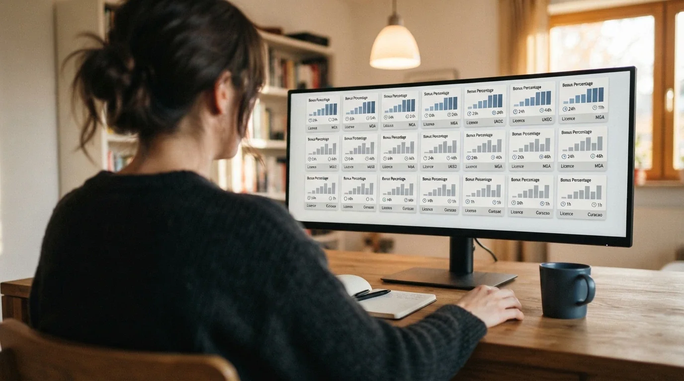 A side-by-side grid of casino brand cards with their licence jurisdictions, welcome-bonus percentages and LTC deposit-speed figures highlighted, arranged on a desktop screen with a magnifying glass over one card's fine print