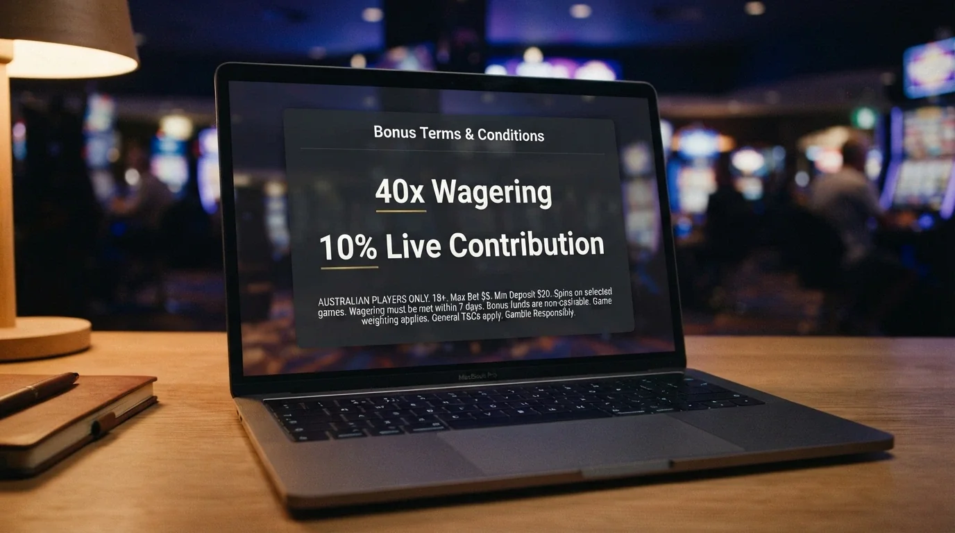 A close-up of a computer screen showing a casino bonus terms pop-up, with the wagering-requirement figure and the game-contribution percentage highlighted