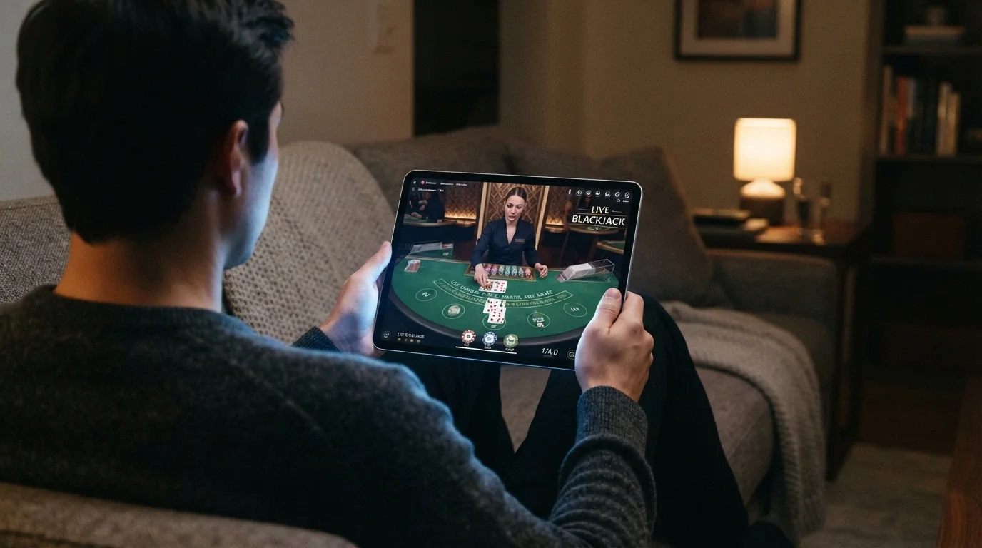 iPad in landscape orientation showing a live-dealer blackjack table with a real dealer dealing cards