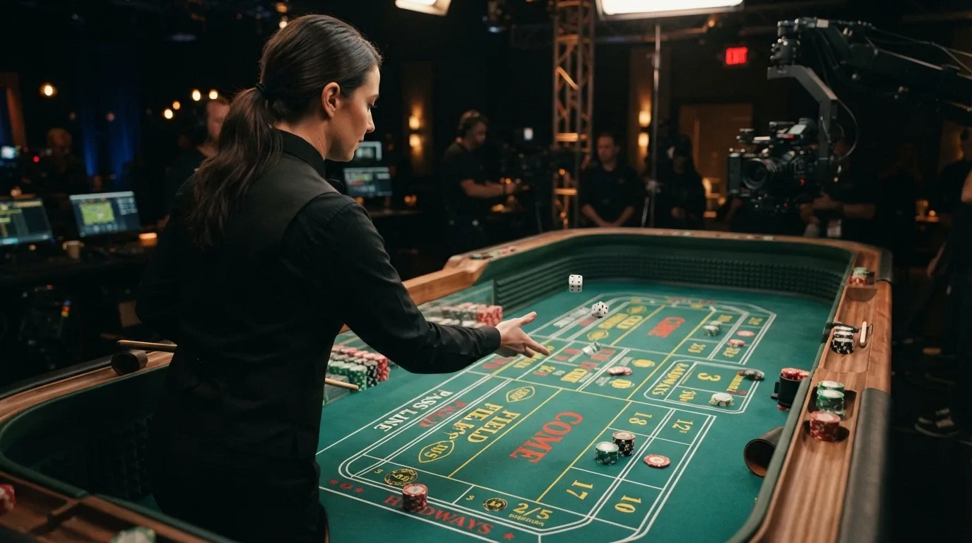 A croupier at a live-dealer craps table mid-roll, the table felt visible with the camera angle showing both the dealer and the dice in flight