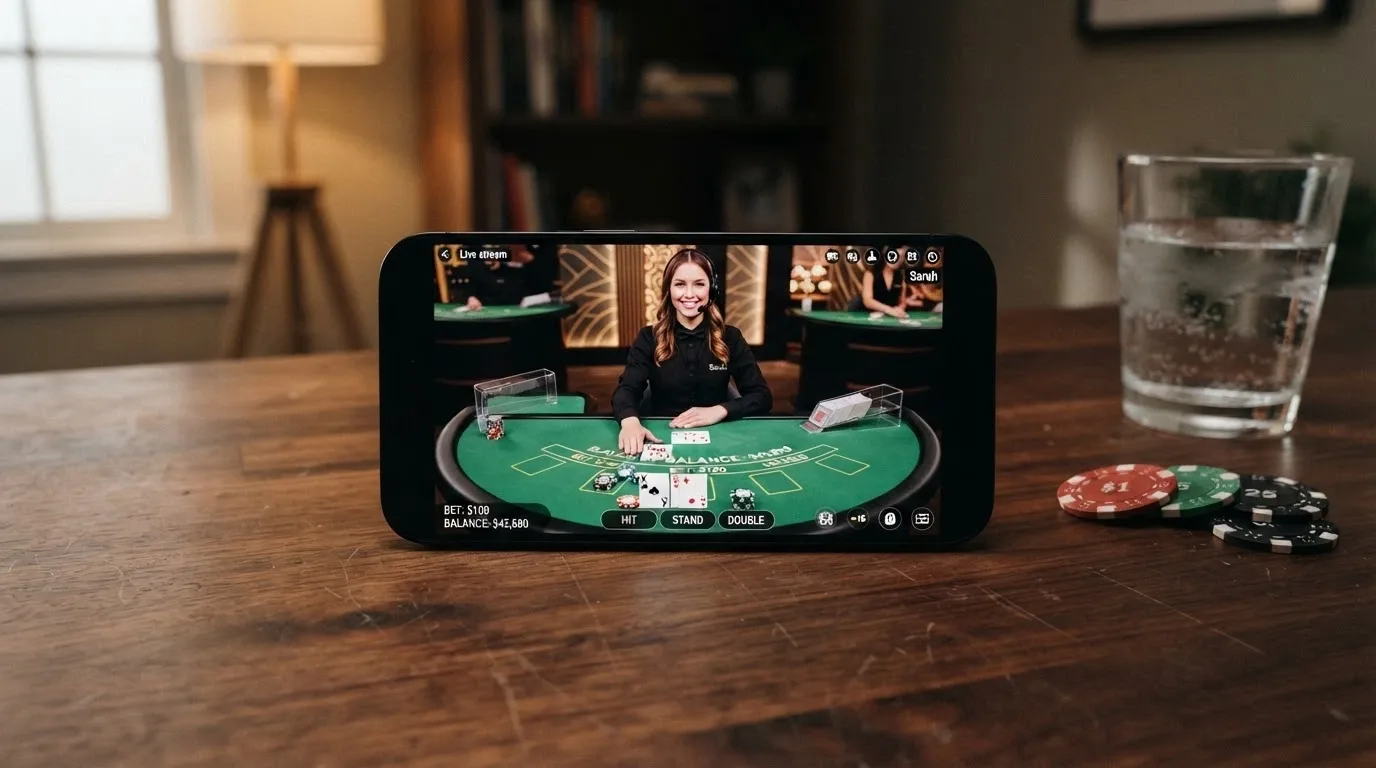 A live blackjack table streaming to an iPhone in landscape mode, with the dealer visible and the betting interface overlaid at the bottom