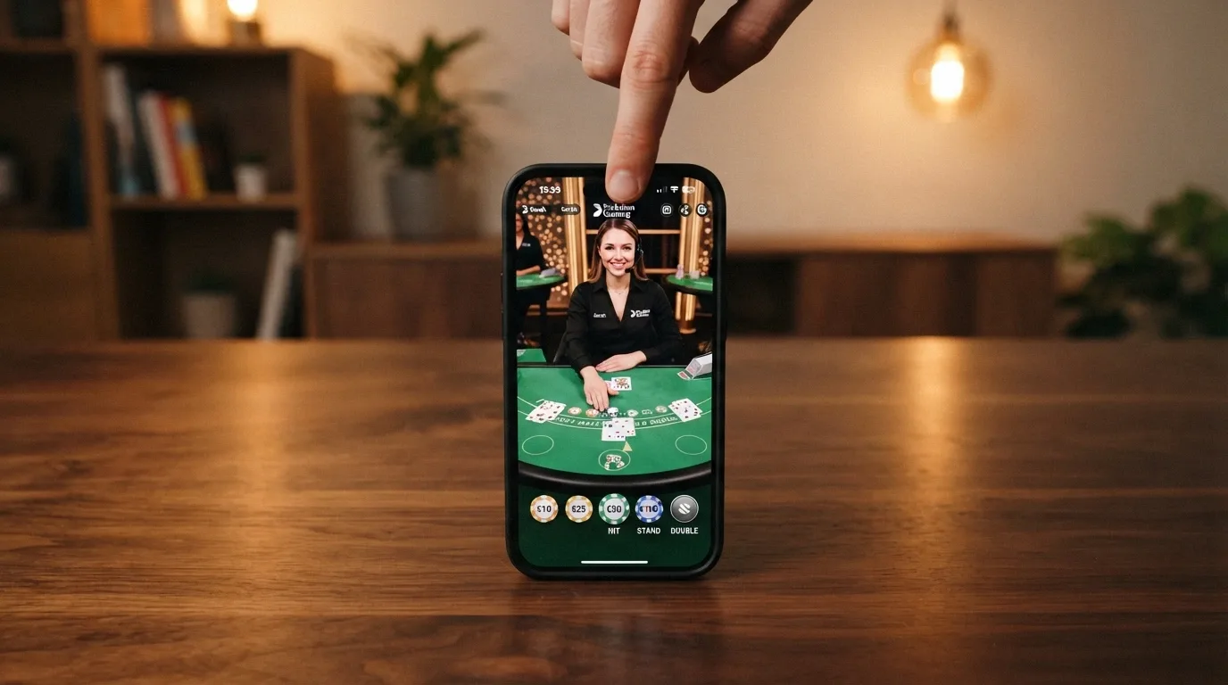 A smartphone screen showing a live-dealer blackjack table with a real dealer visible on camera and betting options overlaid on the screen