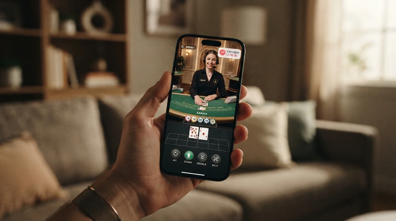 A phone screen showing a live blackjack table in landscape mode with a data-usage counter overlay ticking upward — 1 GB per hour warning visible