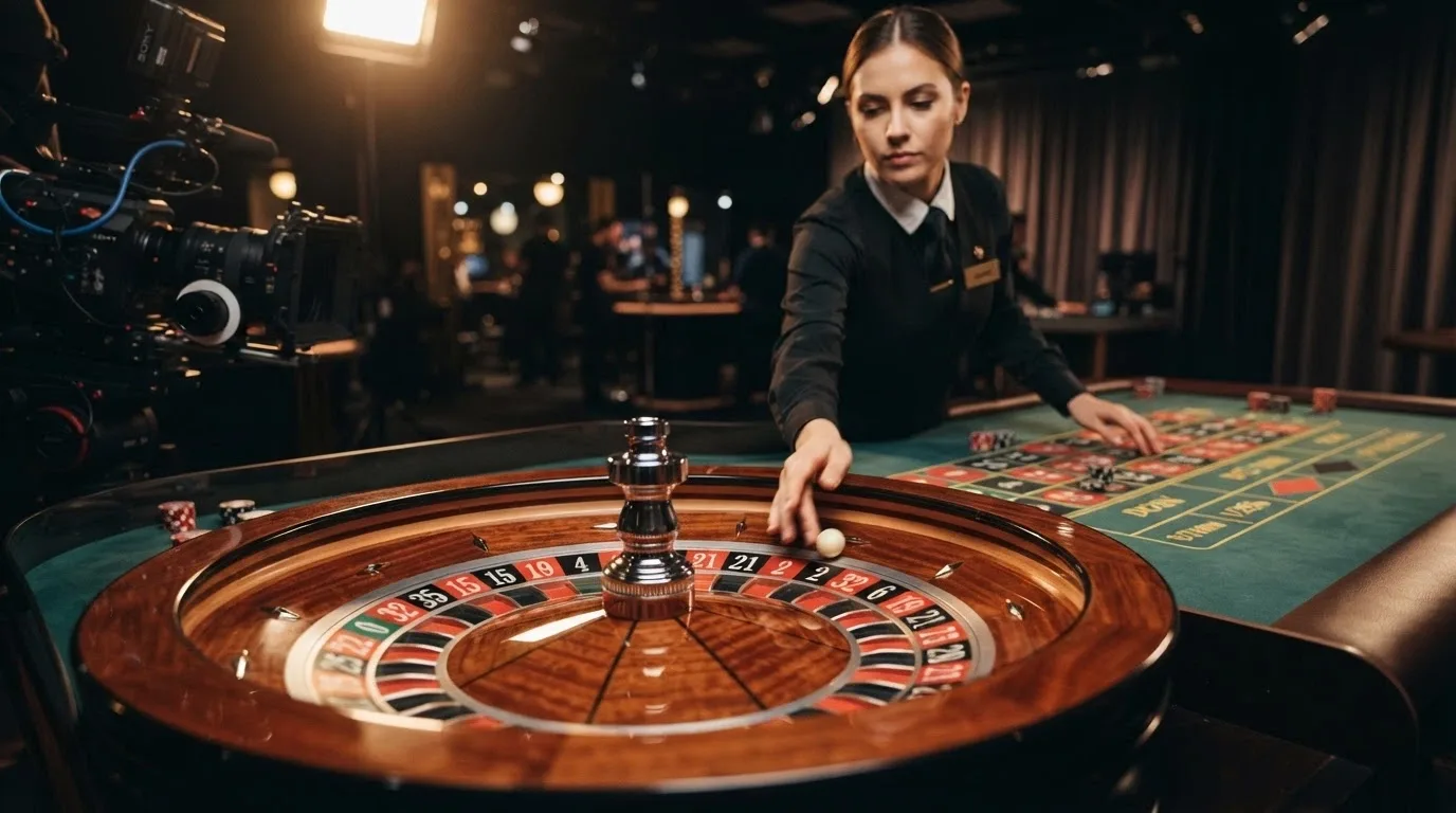 A live roulette table streaming from a professional studio, with a dealer spinning the wheel and the betting interface overlaid