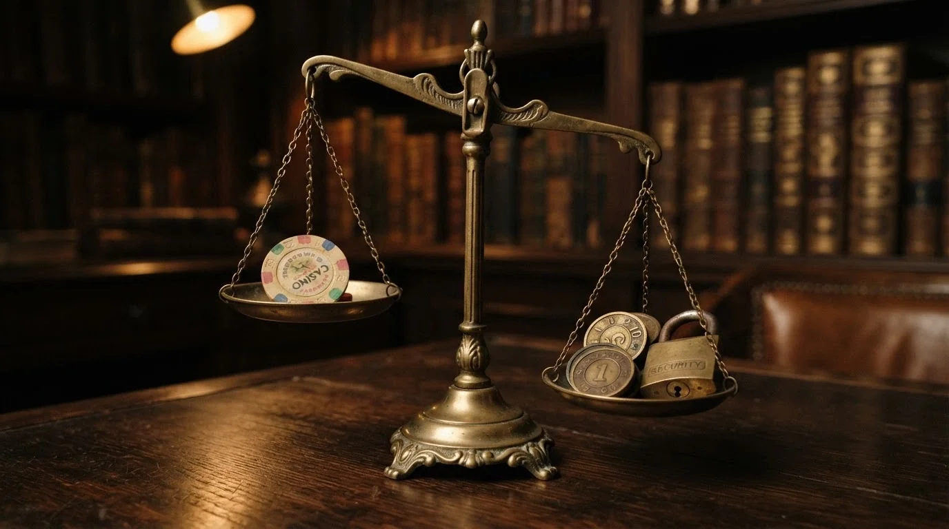 A set of old-fashioned balance scales with a single A$10 note on one side and a small pile of coins plus a padlock on the other