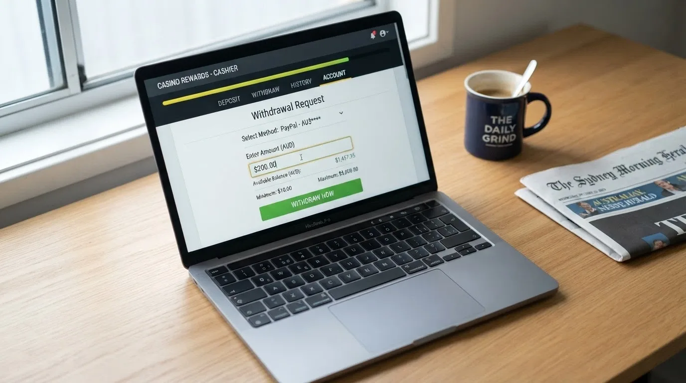 A laptop screen showing a casino cashier page with a withdrawal amount partially greyed out