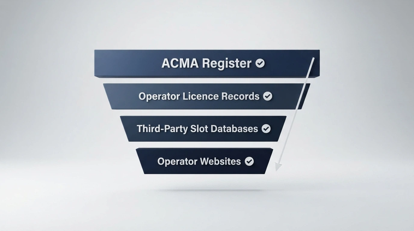 A clean visual showing the verification layers: ACMA register, operator licence records, third-party slot databases (SlotsOnFire, Fruity Slots), operator websites — arranged as a funnel or checklist