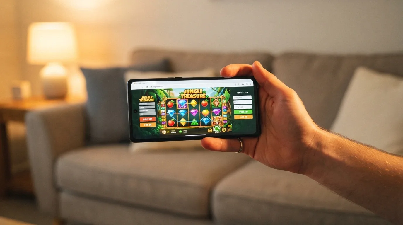 A hand holding a smartphone in landscape orientation showing a browser-based pokie game with the registration form visible in the background.