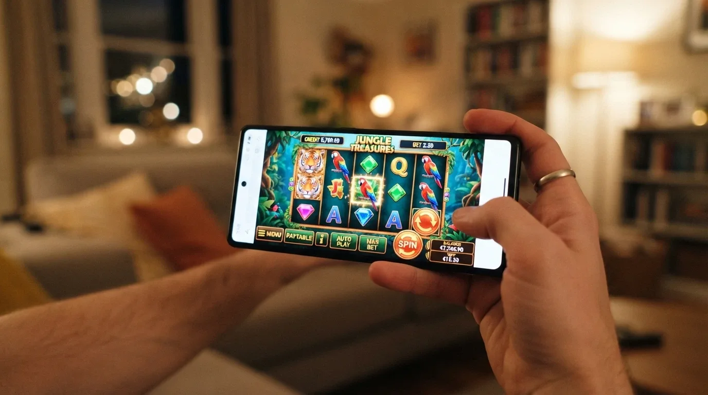 A hand holding a smartphone in landscape orientation showing an online pokies game running in a mobile browser, with the game controls visible at the bottom of the screen.