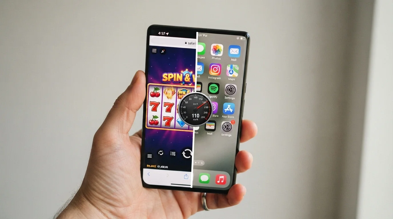 A split-screen comparison showing the same pokies game loaded in a mobile browser on the left and a native casino app icon grid on the right, with a speedometer graphic overlay