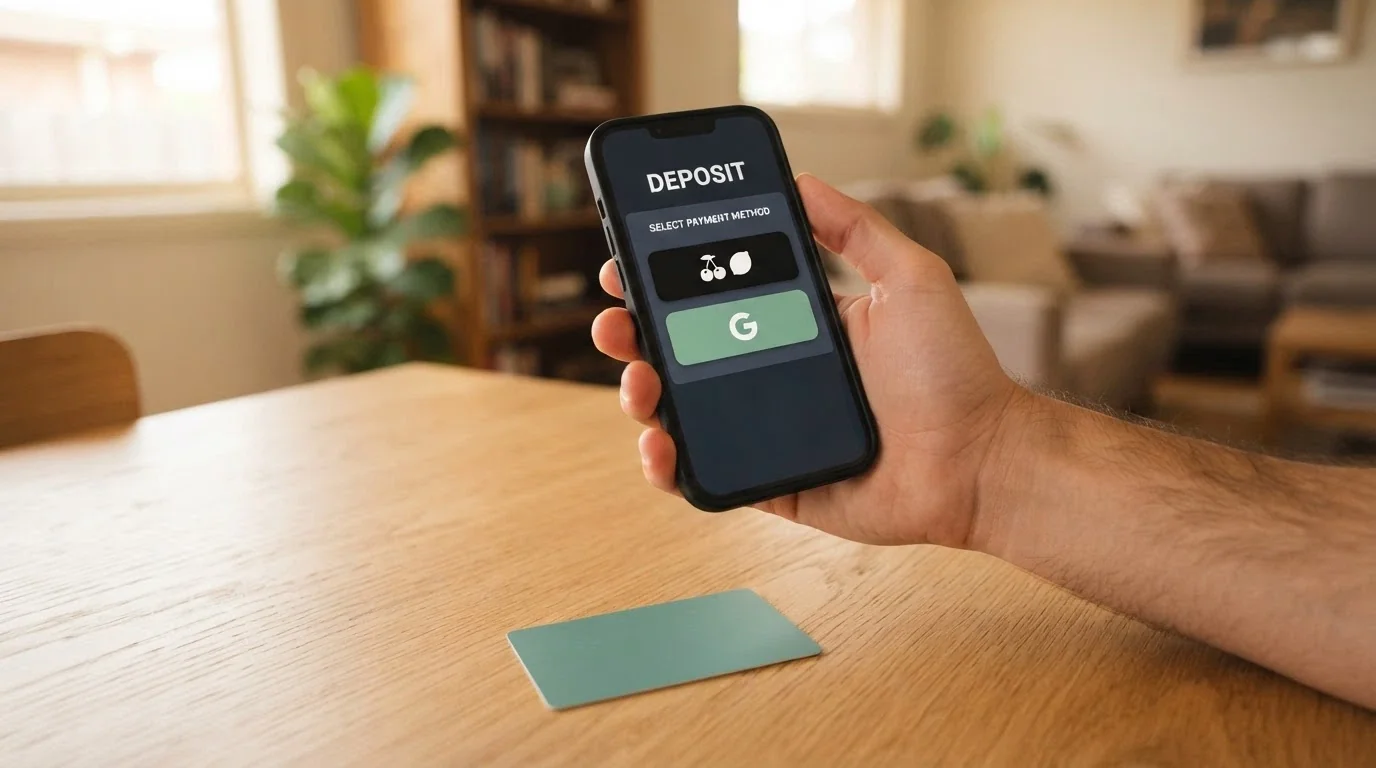 A smartphone held in one hand showing a casino deposit screen with Apple Pay and Google Pay buttons highlighted, with a Visa card visible behind the phone