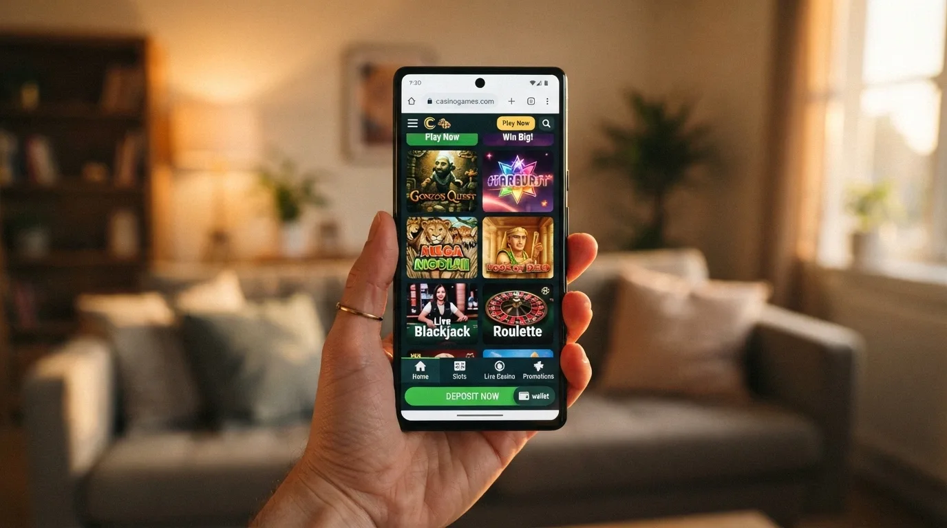 A smartphone held in one hand displaying a casino game lobby in a mobile browser, with game thumbnails and a deposit button visible on screen