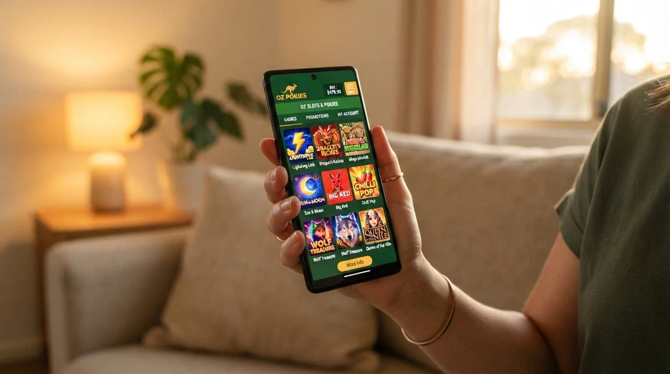 A hand holding a smartphone displaying a mobile casino lobby with pokies thumbnails