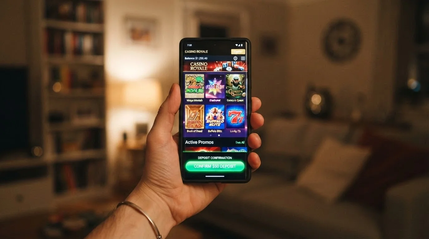 A smartphone held in one hand displaying a casino game lobby, with the other hand hovering over a deposit confirmation — the screen brightness and compact layout are prominent