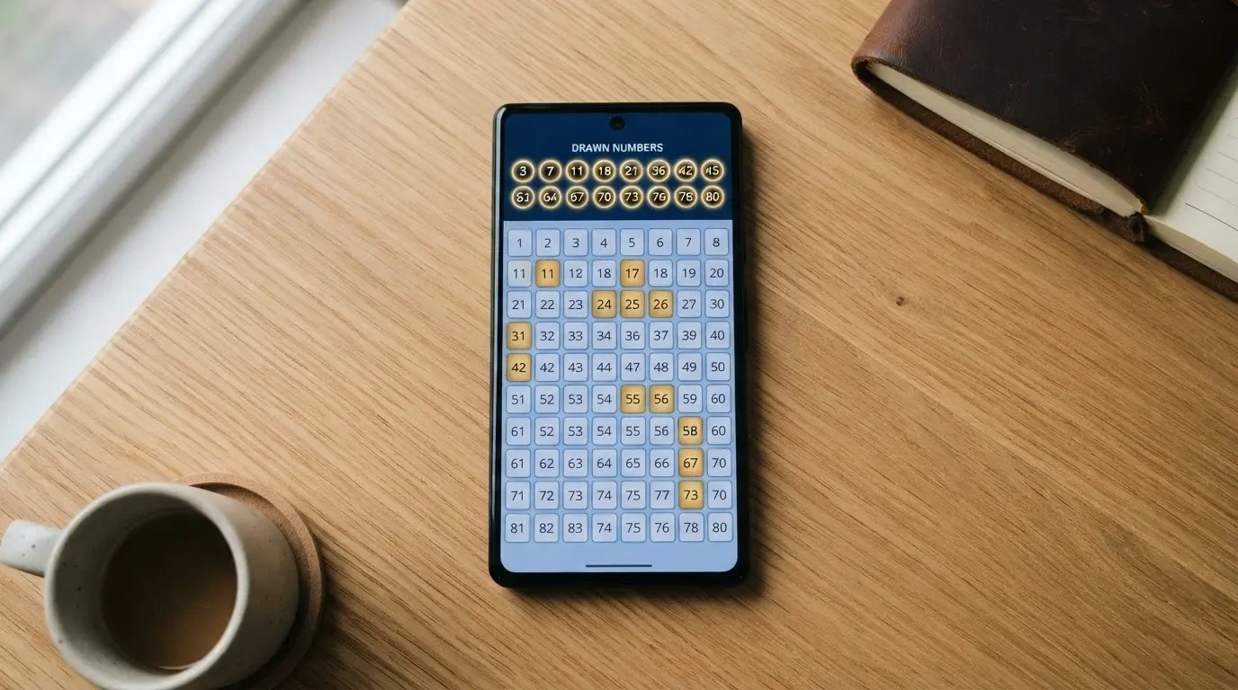 A smartphone displaying a keno game interface with number grid and draw results