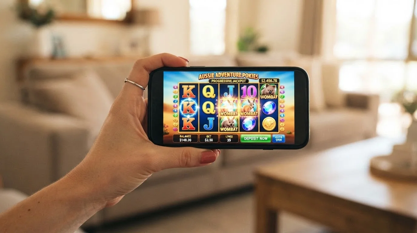 A hand holding a smartphone in landscape orientation with an online casino game loaded, the deposit button visible at the bottom of the screen