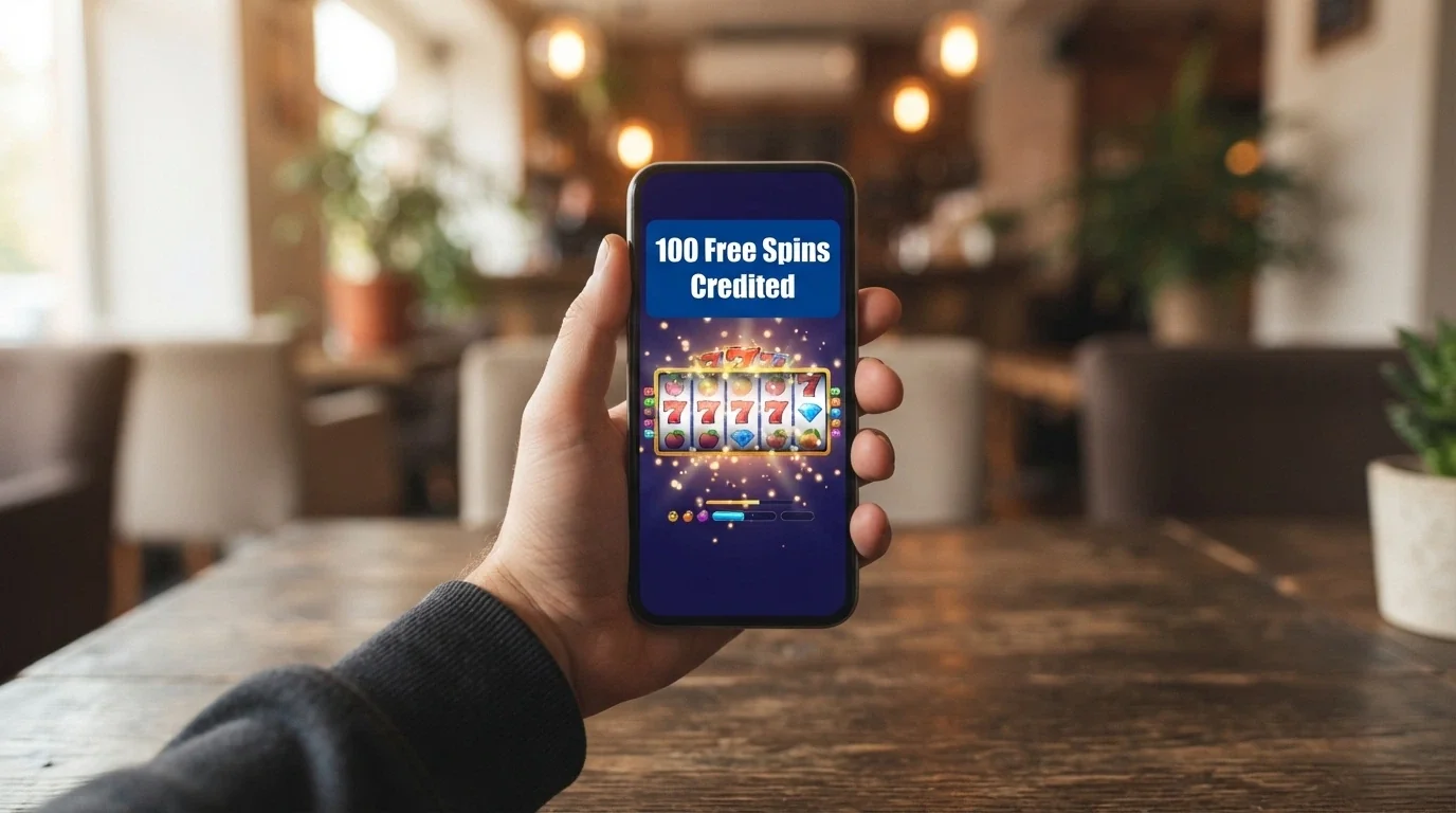 A hand holding a smartphone with a casino game loading screen and a “100 Free Spins Credited” notification appearing at the top