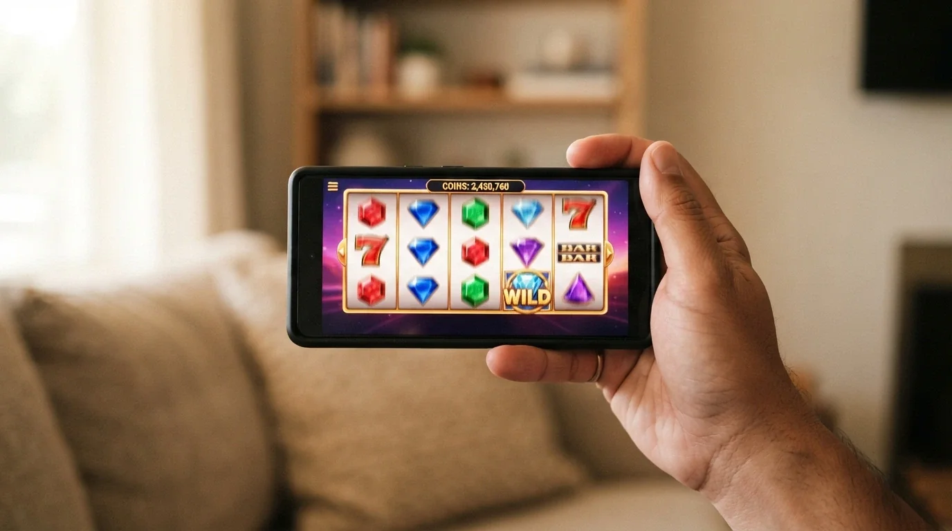 A hand holding a smartphone in landscape orientation with an online pokies game visible on the screen