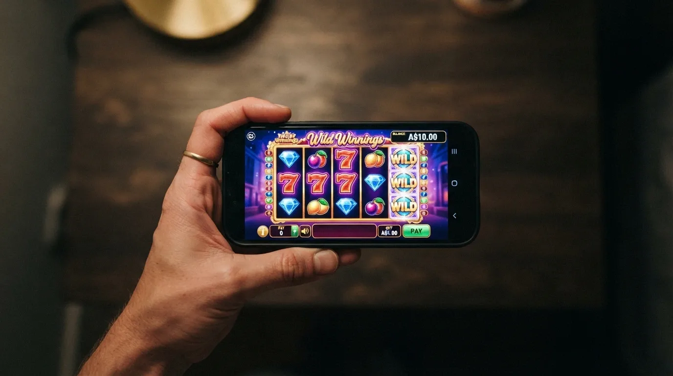A hand holding a smartphone in landscape orientation showing a pokies game with the balance reading A$10.00
