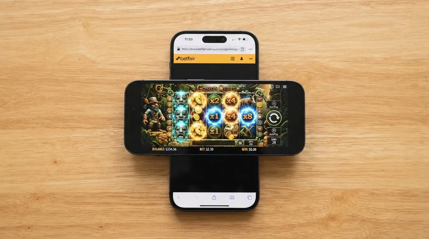 A mobile phone resting on a table displaying an online pokies game in mobile Safari, with the browser address bar visible and the game filling the screen
